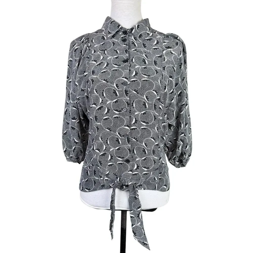 Maple Anthropologie 100% Silk Black White Print Tie Front Relaxed Fit Blouse